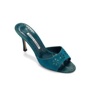 Manolo Blahnik Blue Floral Eyelet Laser Cut Suede Heels